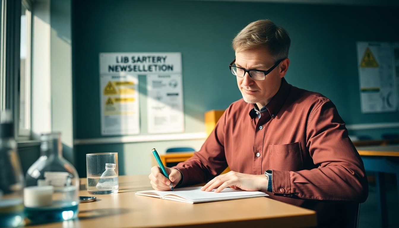 Chemistry teacher writing a parent newsletter at a desk with lab safety posters visible on the wall