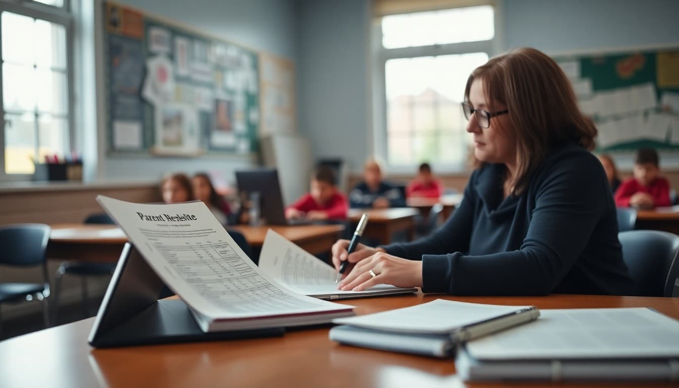 Choir director writing parent newsletter at desk with concert schedule and music folder