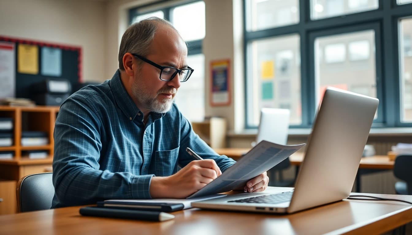 Computer science teacher writing a parent newsletter at a desk with laptop and coding book