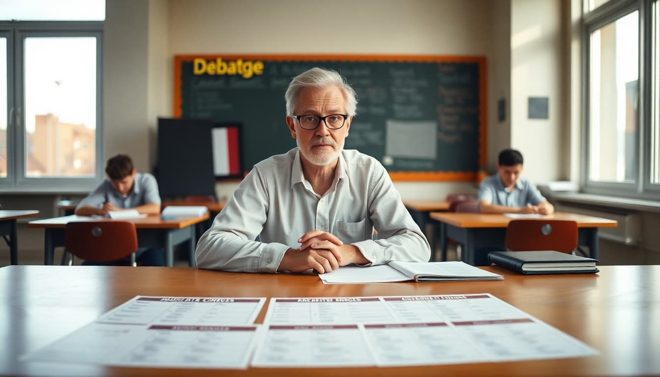 Debate teacher at a desk with argument frameworks and tournament schedules spread out in front