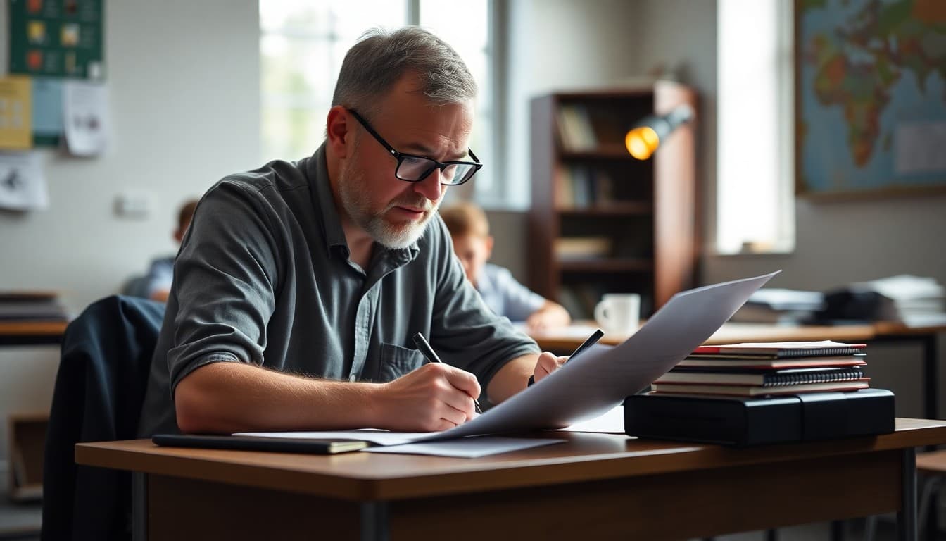 Drama teacher writing parent newsletter at a desk with script and stage lighting notes