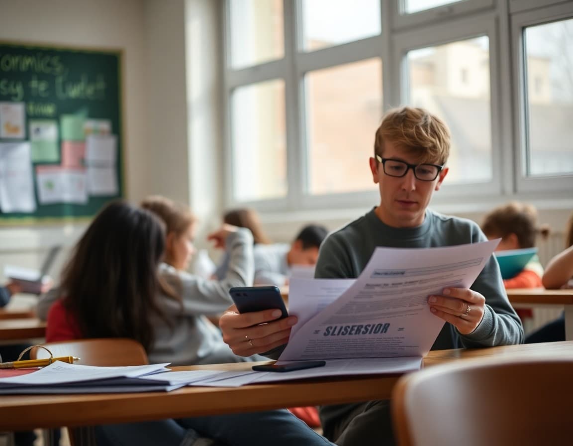 Parent reading an economics class update on a phone while reviewing household budget documents