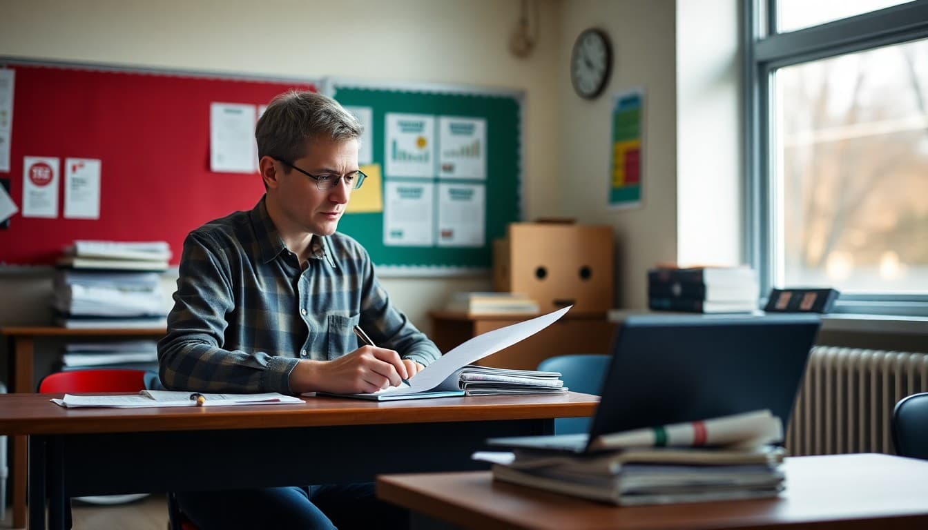 Economics teacher at a desk writing a parent newsletter with charts and newspaper articles nearby