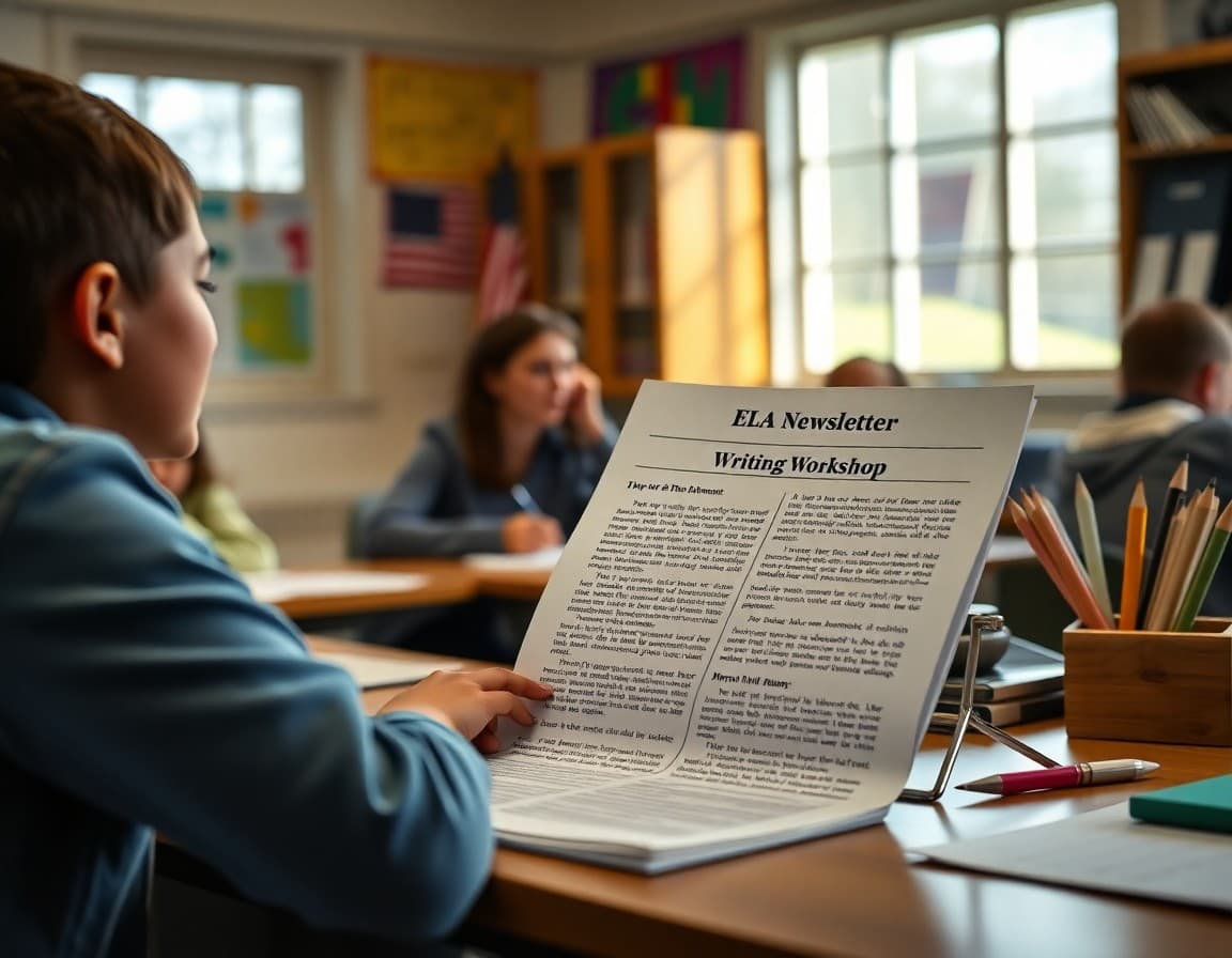 ELA newsletter draft showing current text section and writing workshop update on a teacher desk