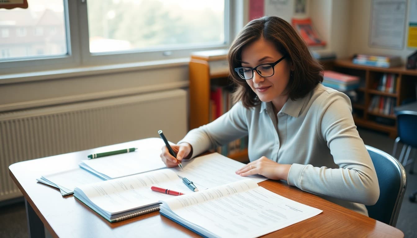 ELA teacher at a desk with reading lists and writing rubrics visible next to a newsletter draft