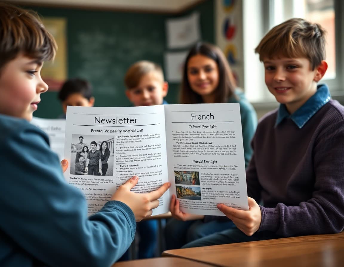 French class newsletter draft with vocabulary unit and cultural spotlight sections