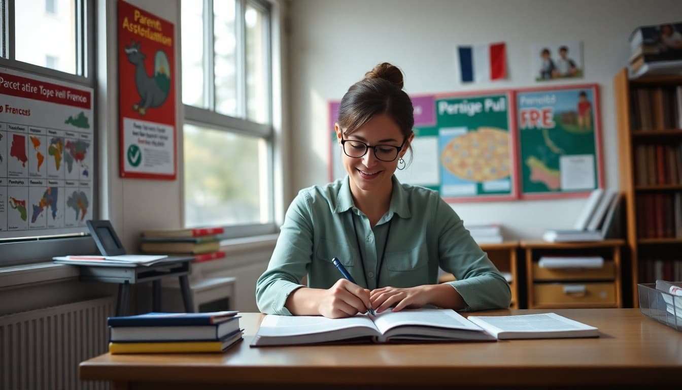 French teacher writing parent newsletter at a desk with French cultural posters and textbook