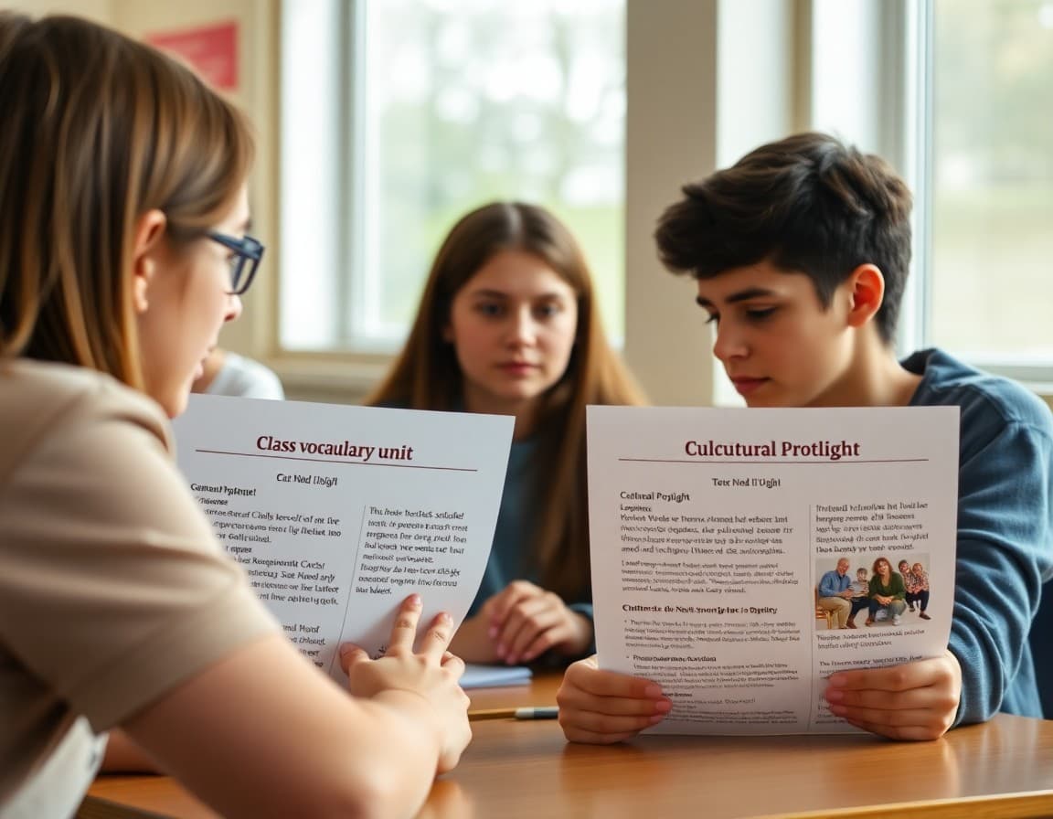 German class newsletter draft showing vocabulary unit and cultural spotlight sections