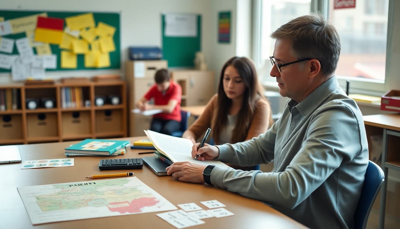 German teacher writing parent newsletter at desk with German map and vocabulary flashcards