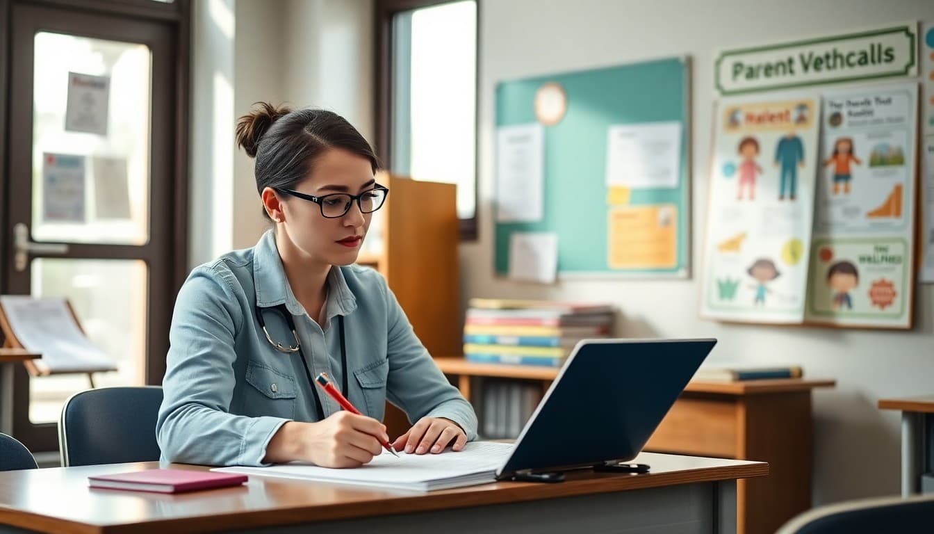Health teacher writing parent newsletter at a desk with curriculum guide and wellness poster