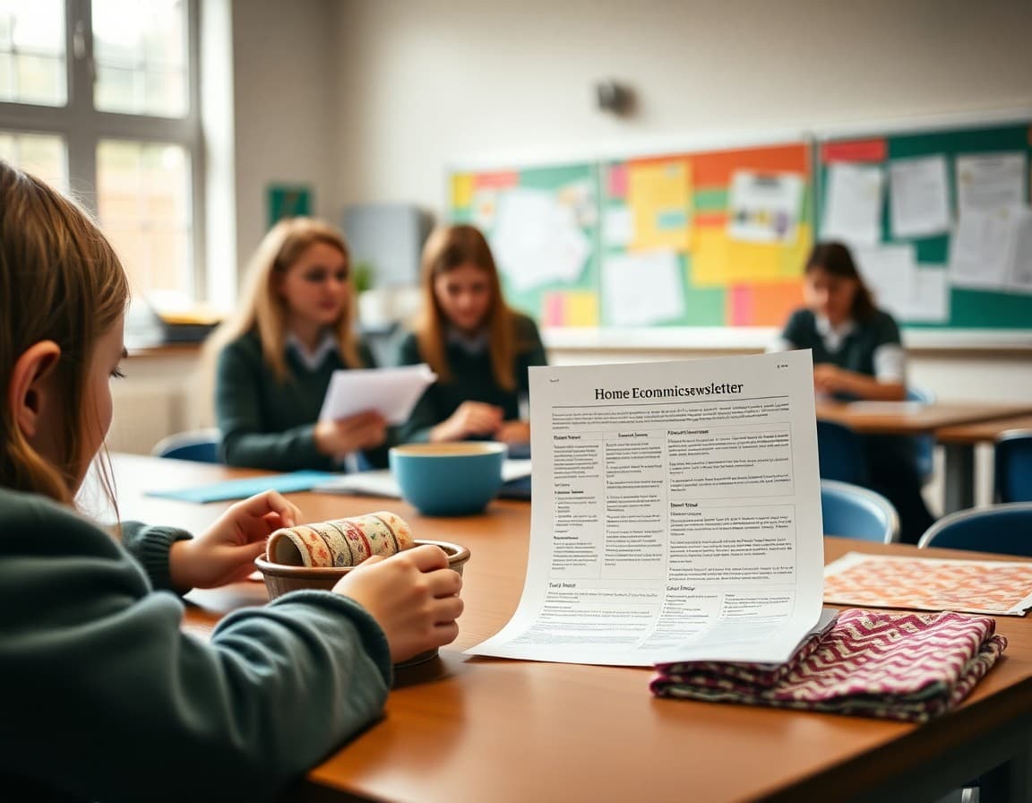 Home economics newsletter draft next to recipe cards and fabric samples on a classroom table