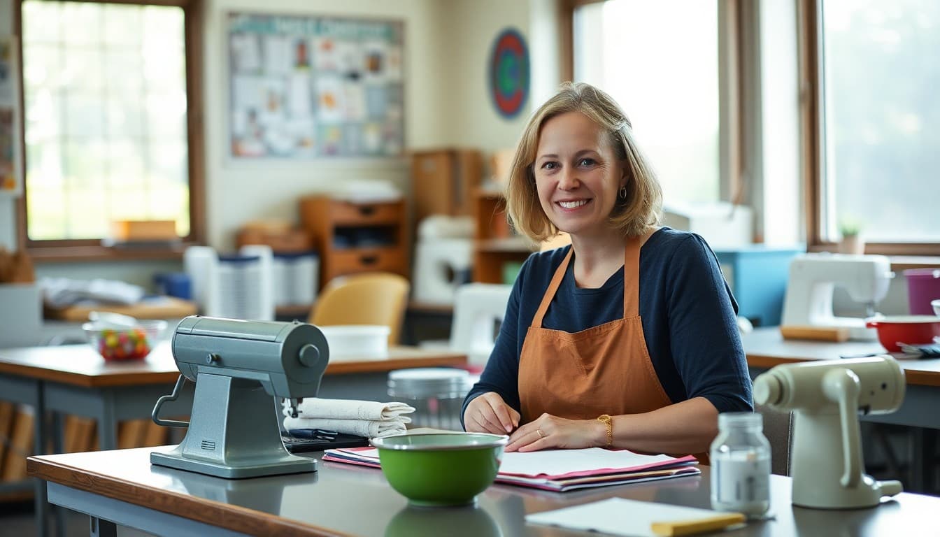 Home economics teacher at a desk with cooking materials and sewing supplies visible in the background