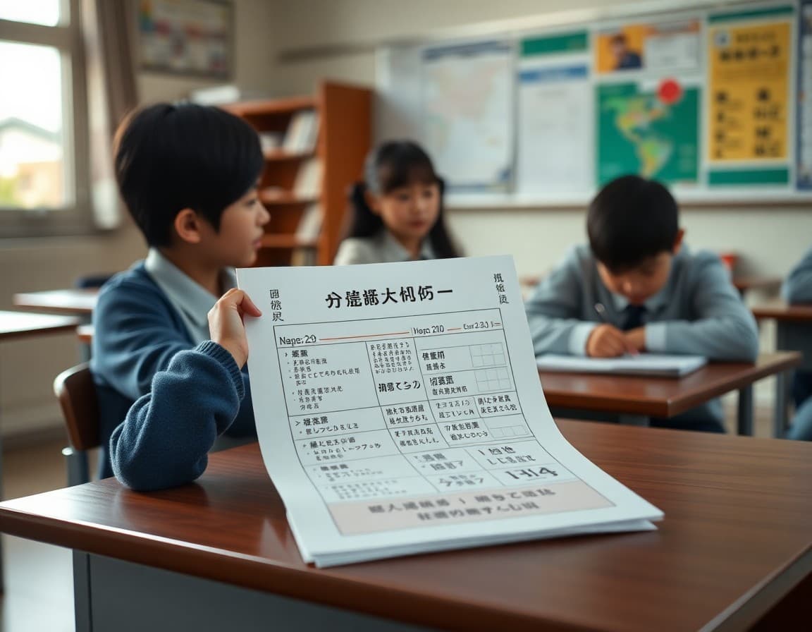 Japanese class newsletter draft with hiragana examples and vocabulary chart on a desk