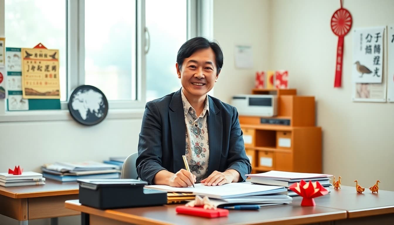 Japanese teacher at desk surrounded by Japanese language materials and origami cultural decor