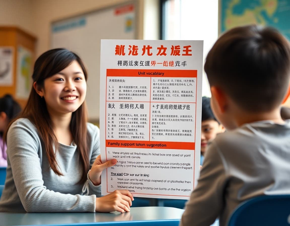 Mandarin Chinese teacher newsletter showing unit vocabulary, tones explanation, and family support suggestions in English