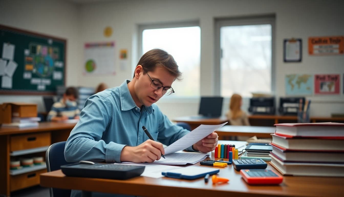 Math teacher writing a newsletter at a desk with math manipulatives, graphing calculators, and textbooks nearby