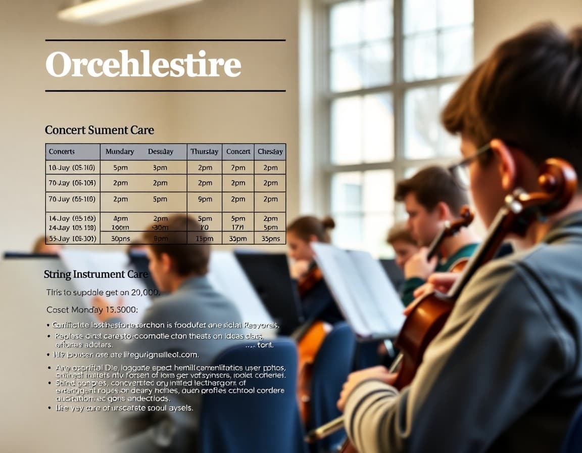 Orchestra newsletter draft showing concert schedule and string instrument care section