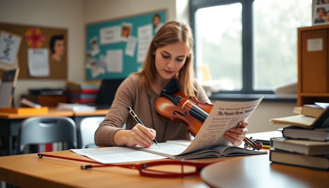 Orchestra teacher writing parent newsletter at desk with violin bow and concert calendar