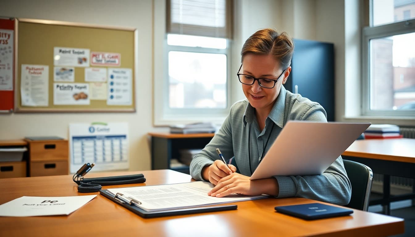 PE teacher writing parent newsletter at a desk beside a gym clipboard and activity schedule