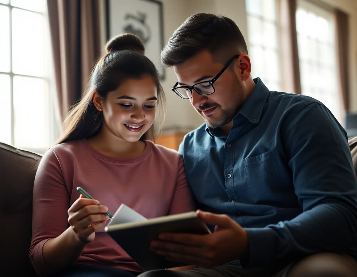Parent and high school student reviewing physics class information on a tablet at home