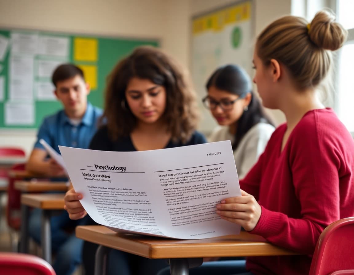 Psychology class newsletter draft showing unit overview and mental health literacy section