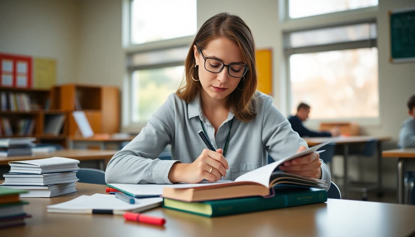 Psychology teacher writing parent newsletter at a desk with psychology textbook and research notes