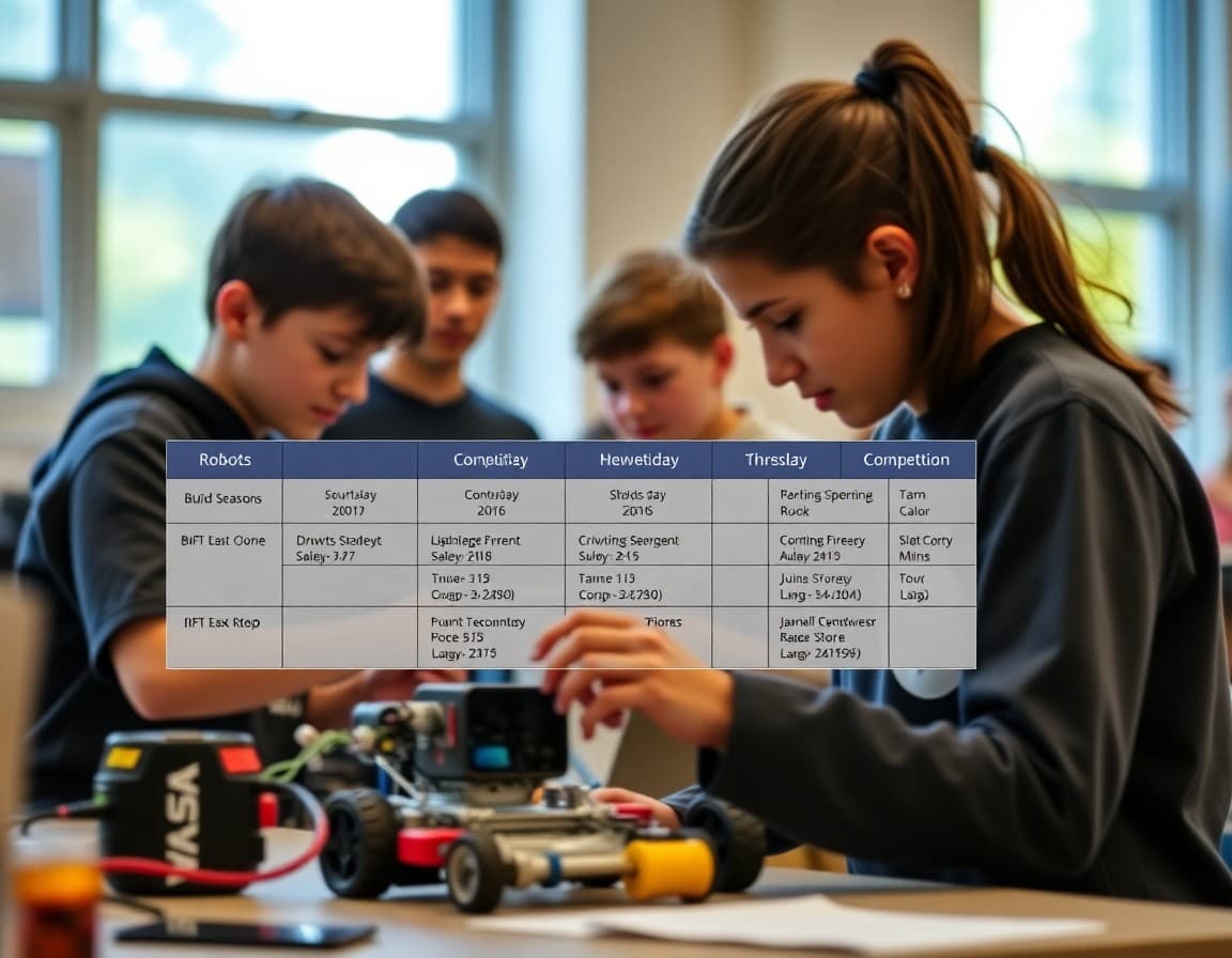 Robotics class newsletter draft showing build season timeline and competition schedule
