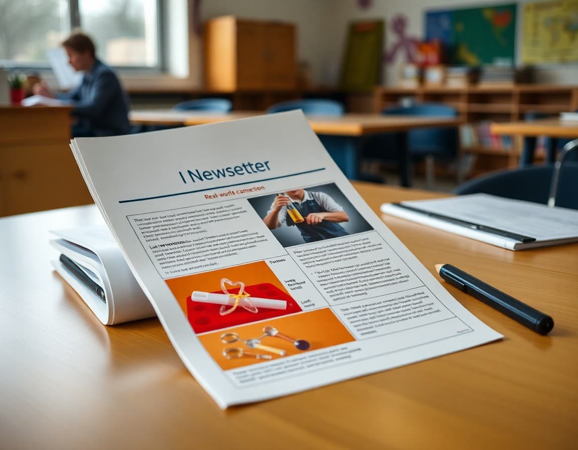 Science newsletter draft showing lab highlight section and real-world science connection on a desk