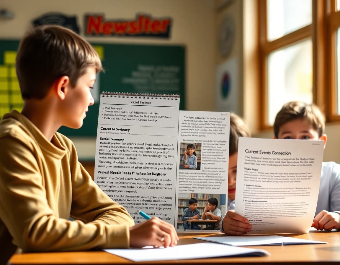 Social studies newsletter draft showing current unit summary and current events connection section