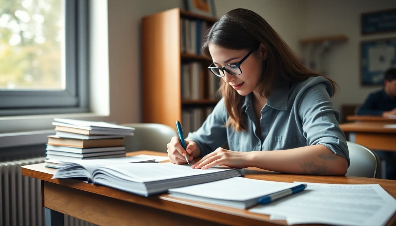 Sociology teacher writing parent newsletter at a desk with social theory textbook and research notes