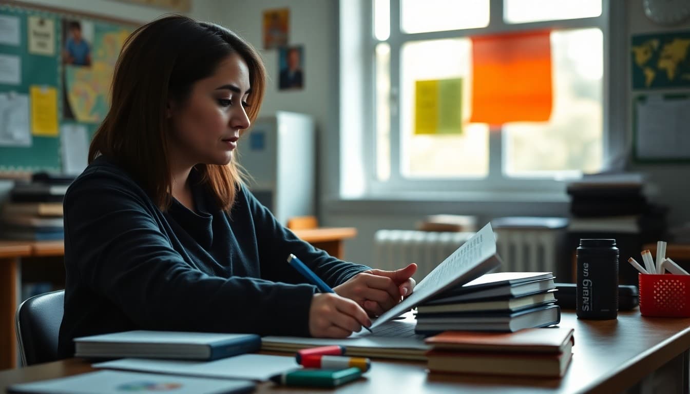 Spanish teacher writing parent newsletter at a desk with Spanish textbook and cultural materials