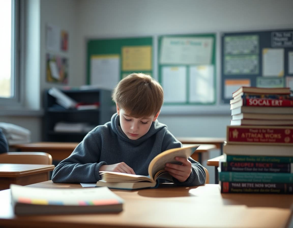 Student reading independently at a desk in January classroom with new books stacked nearby