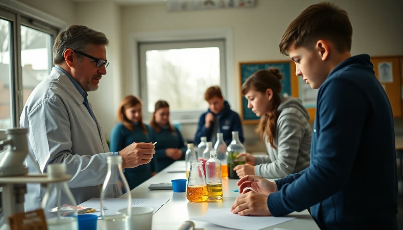Science teacher setting up new January lab materials with students observing fresh specimens