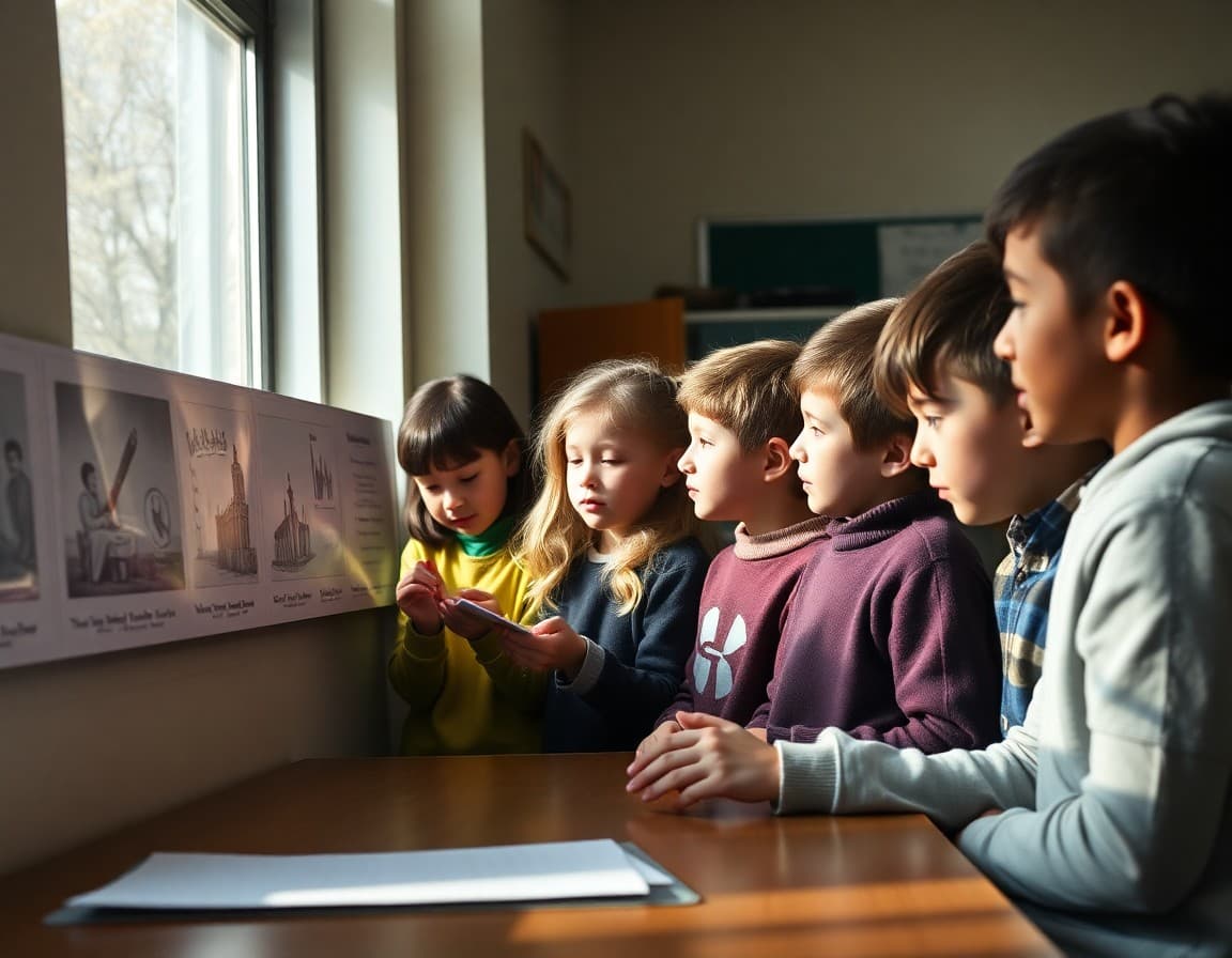 Students examining a timeline of historical events at the start of a January social studies unit