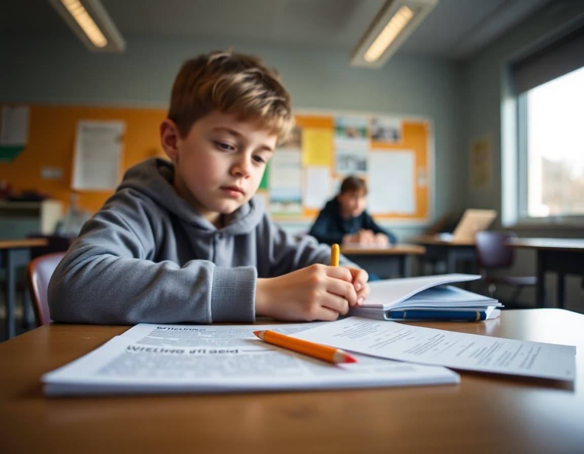 Student research notes and informational writing draft spread across a January classroom desk