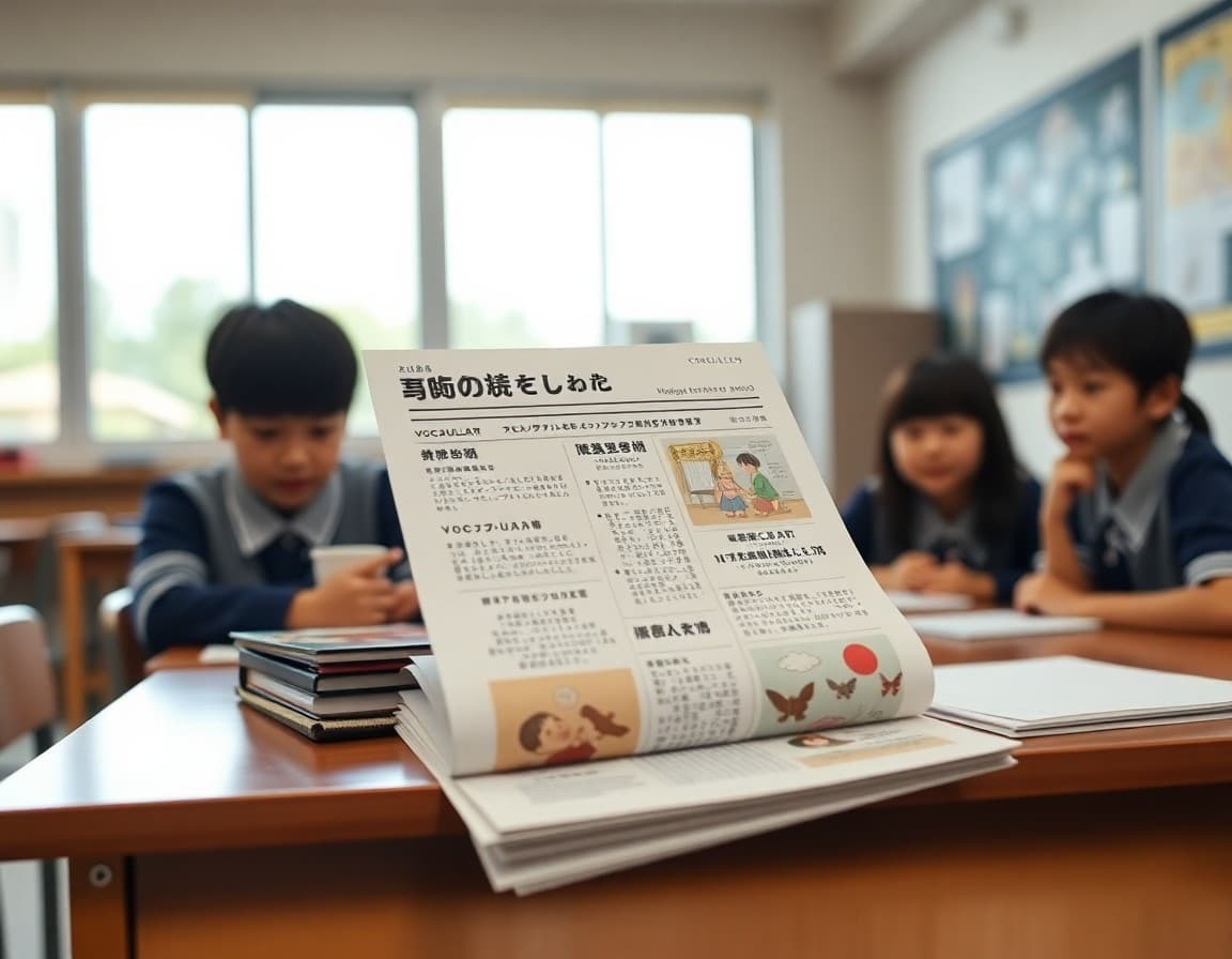 Japanese class newsletter template with vocabulary section and cultural content on a desk