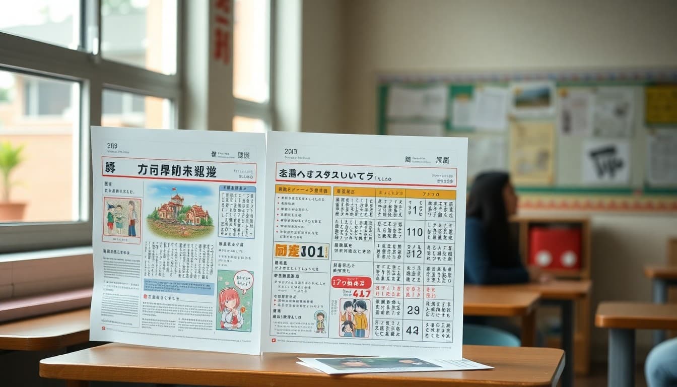 Printed Japanese teacher newsletters alongside cultural imagery and hiragana practice sheets