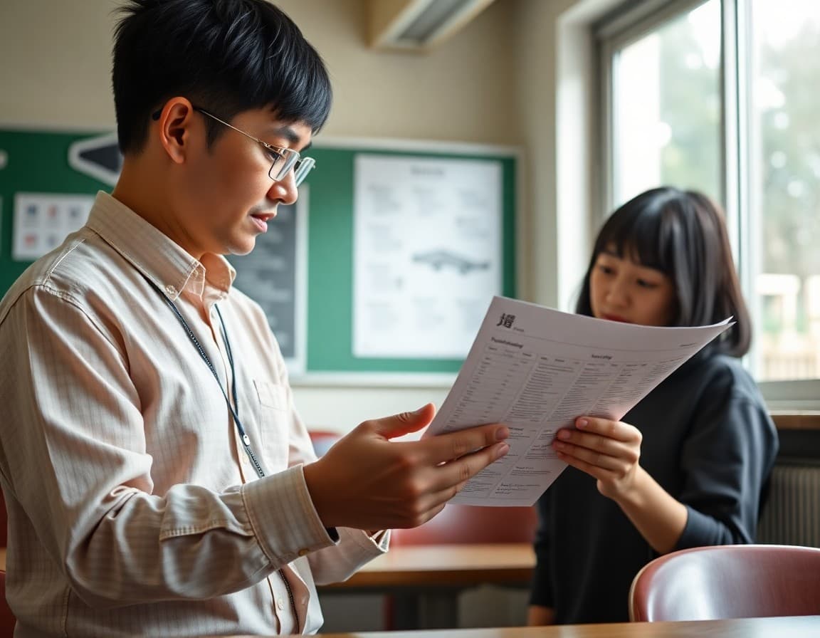 Japanese teacher reviewing newsletter ideas with cultural calendar and vocabulary notes visible
