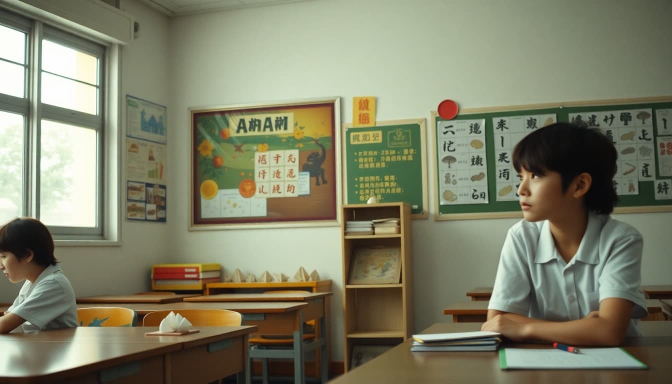 A Japanese classroom with cultural posters, origami displays, and student vocabulary work on walls