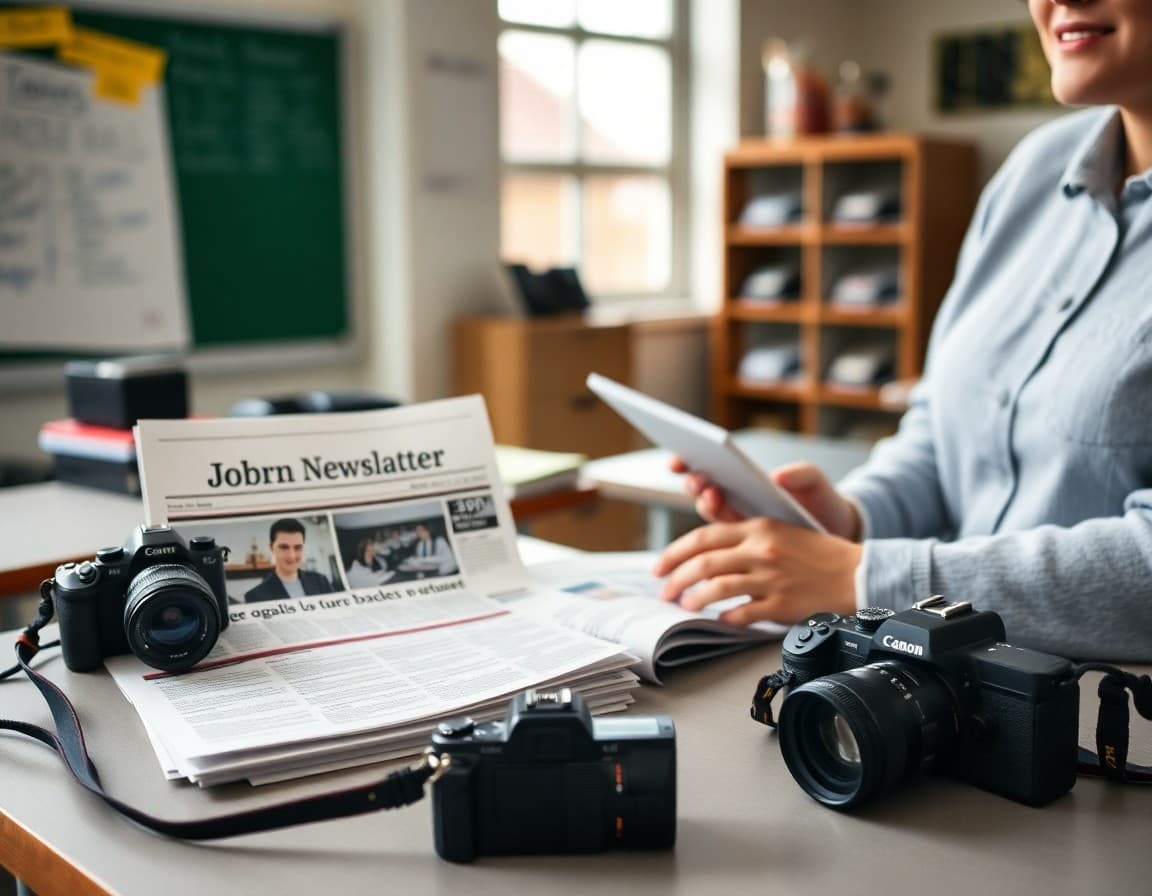 Journalism teacher newsletter examples on a desk next to student publication mockups and cameras