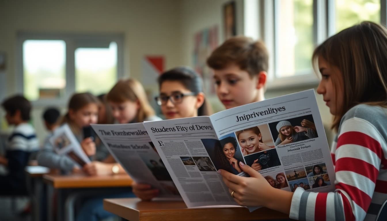 Printed journalism newsletters featuring student newspaper front pages and photography project samples