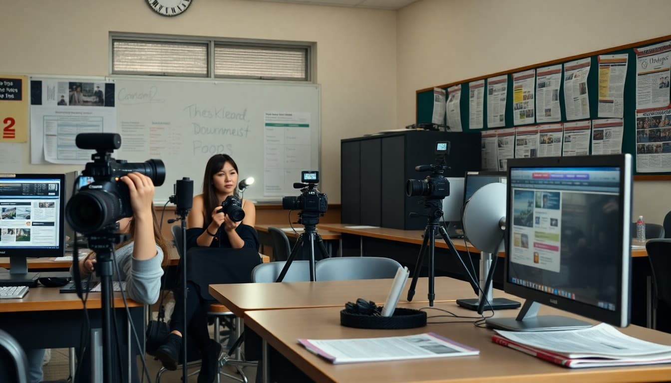 A journalism classroom with cameras, layout computers, and student newspaper printouts displayed