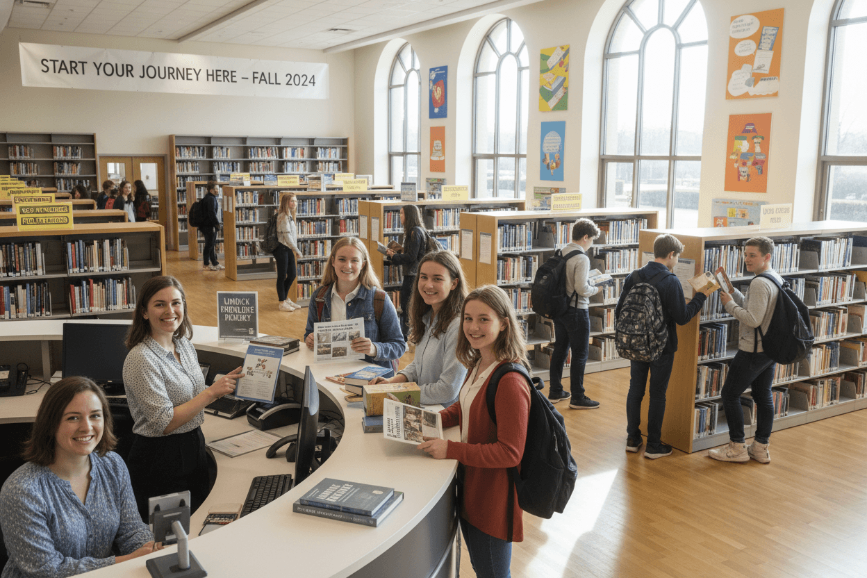 New students receiving a library welcome newsletter while getting their library cards on the first visit to the school library