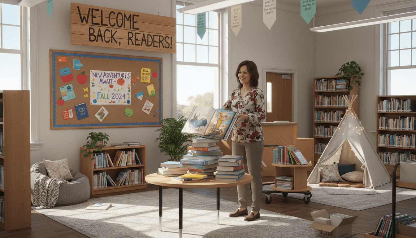 School librarian arranging new books on display shelves and setting up reading nooks in a bright library ready for the new school year