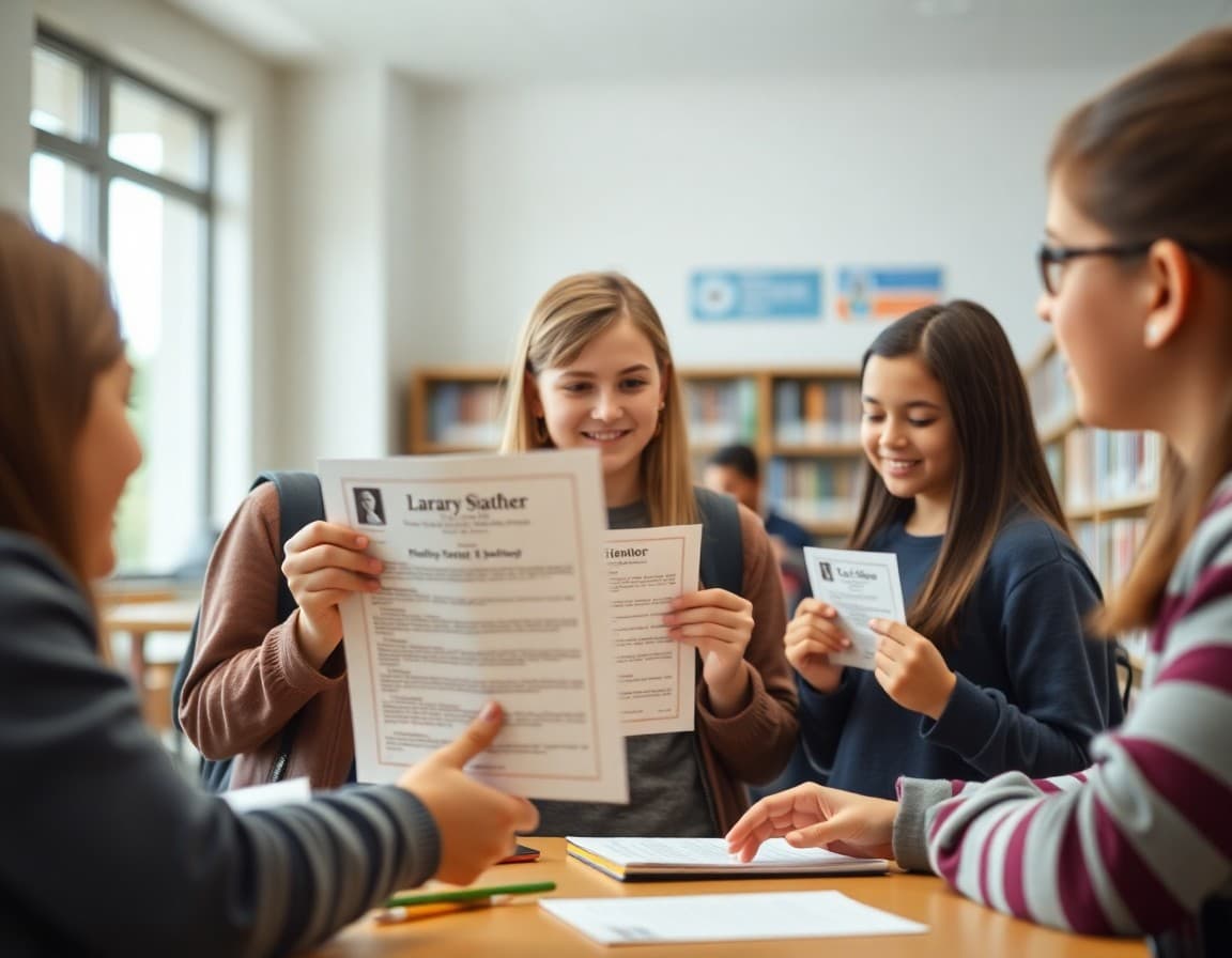 Students receiving library orientation newsletter and library cards on first day of school in well-organized library