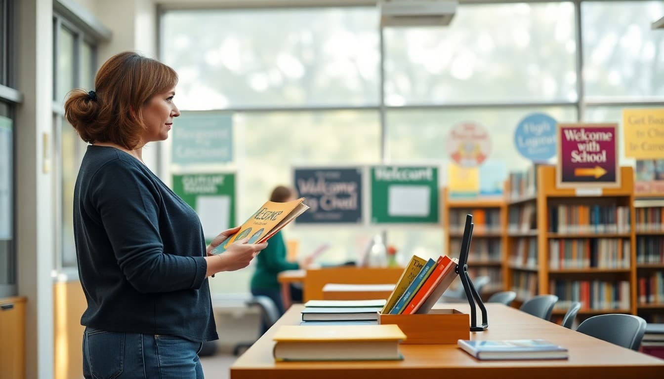 School librarian arranging new book displays and welcome signs in bright library before first day of school