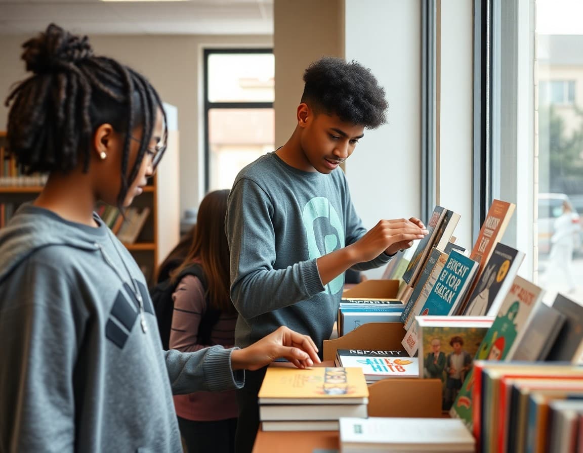 Library club students working on library display project arranging books and student-created artwork on shelves
