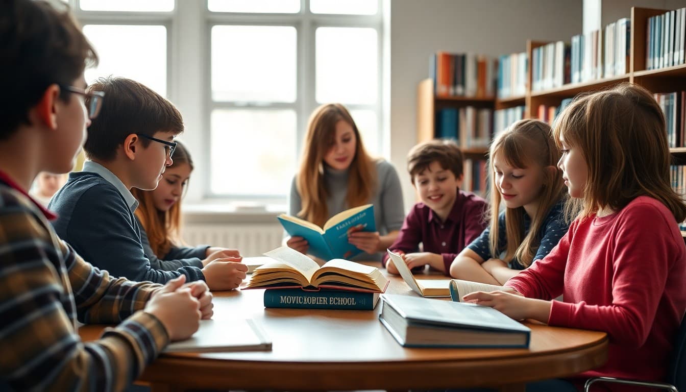 Students in school book club gathering around a table in the library discussing their current book with librarian
