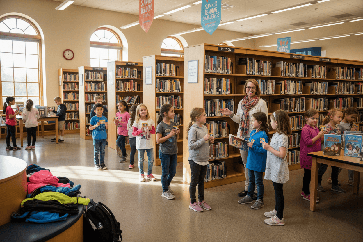 Students selecting books and participating in a reading program at a public library during a school field trip