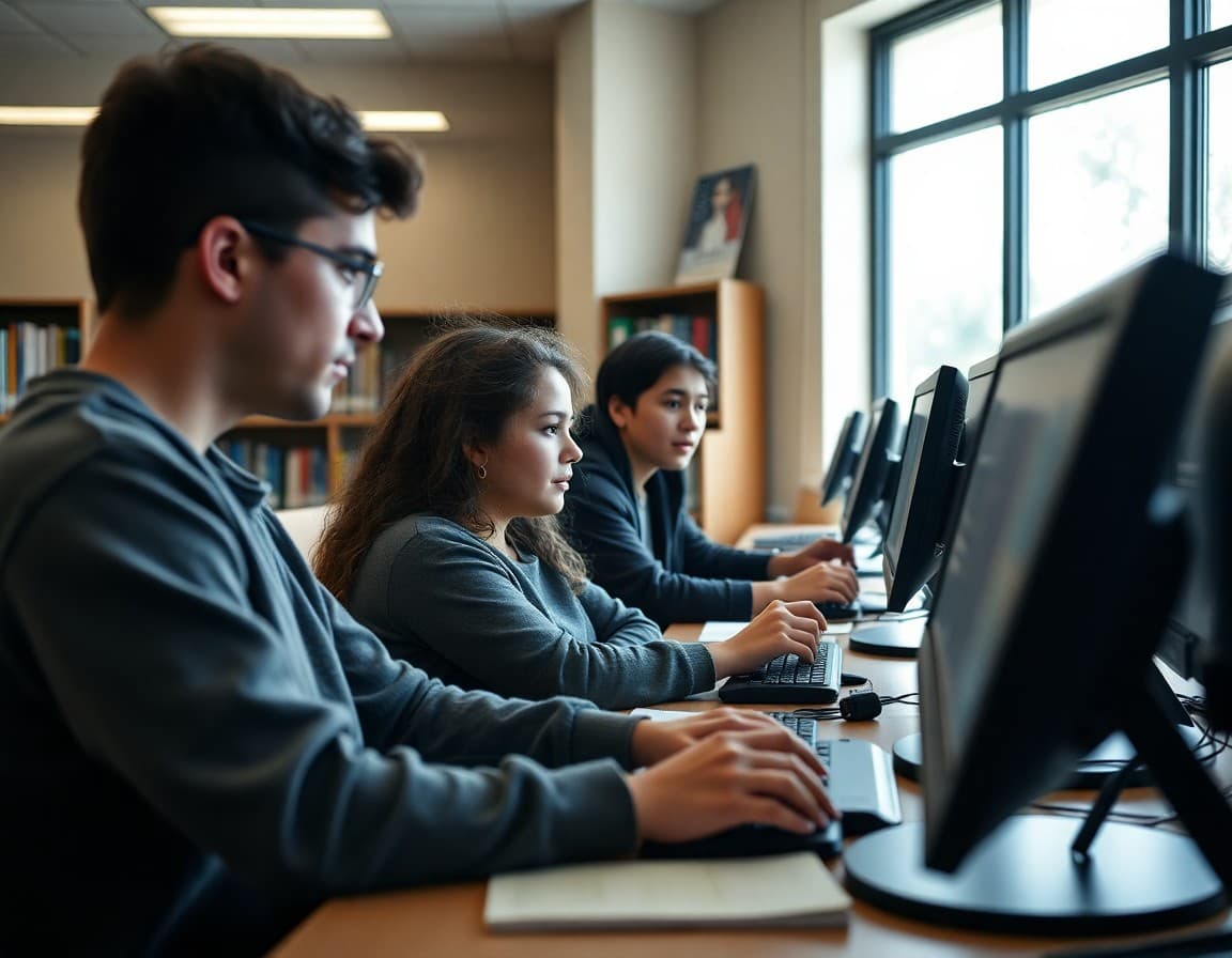 Students working at library computers with librarian guidance evaluating online sources for research assignment